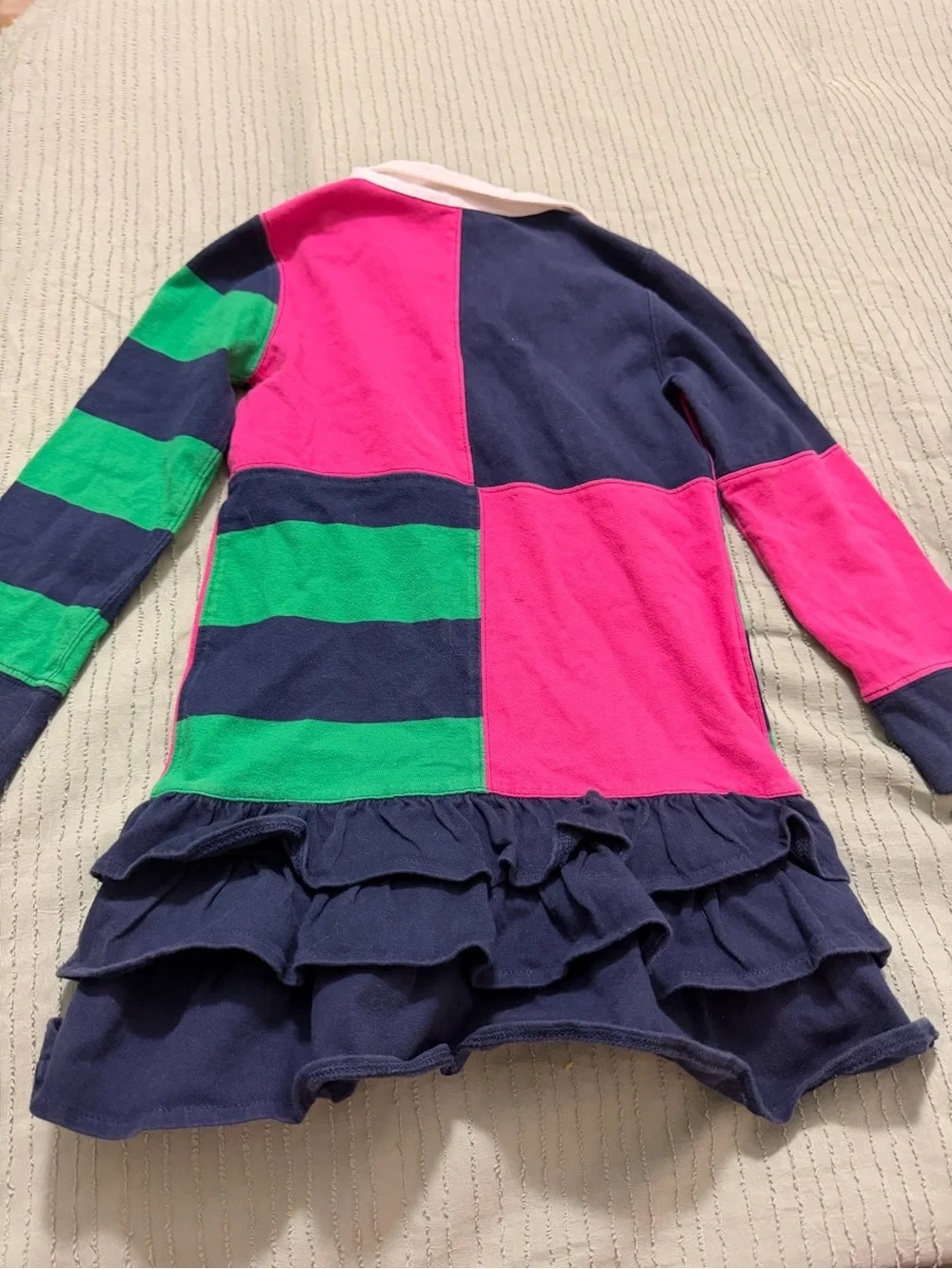 Ralph Lauren Girls Colorblock Stripes Cotton Rugby Dress - Navy, Pink & Green